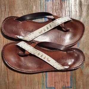 Henry Beguelin Stitched Embellished Cream & Brown Leather Sandals Sz 37.5/7.5